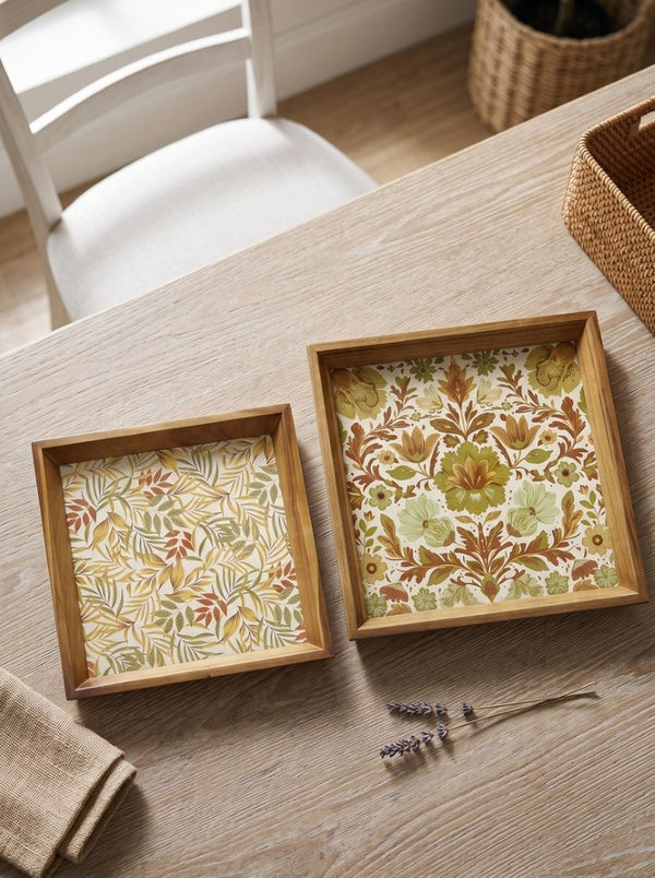 English Elm Set of 2 Acacia Wood Mirrored Trays with Botanical Etching for Elegant Home Styling W2078P566701