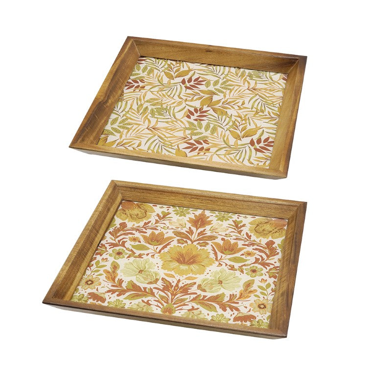 English Elm Set of 2 Acacia Wood Mirrored Trays with Botanical Etching for Elegant Home Styling W2078P566701