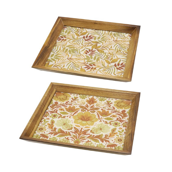 English Elm Set of 2 Acacia Wood Mirrored Trays with Botanical Etching for Elegant Home Styling W2078P566701