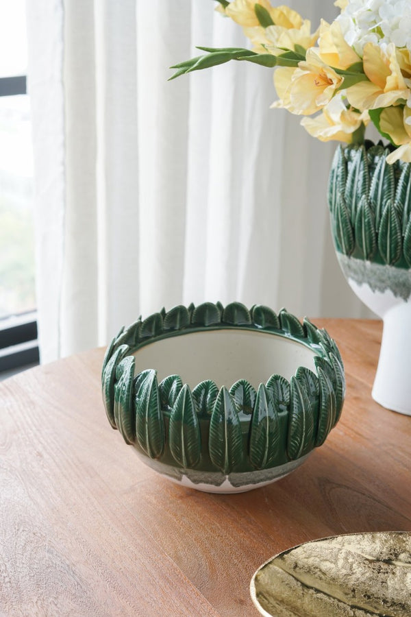 English Elm 10.8X10.8x7.1 Handcrafted Ceramic Leaf Rim Bowl Emerald Ombre Sculptural Decor W2078P569082