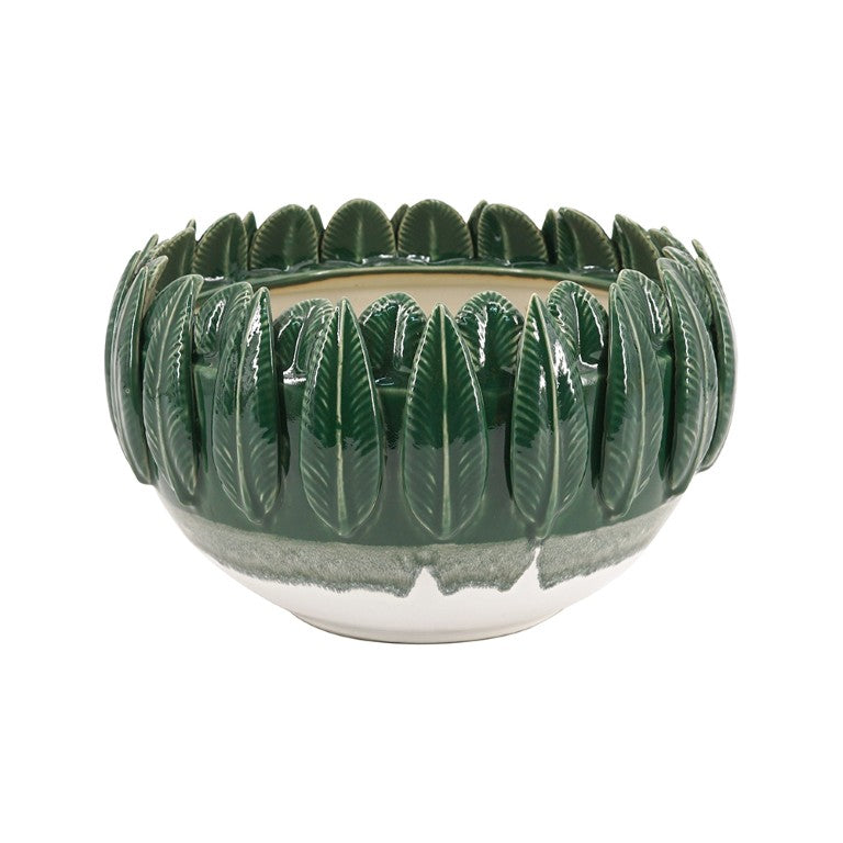 English Elm 10.8X10.8x7.1 Handcrafted Ceramic Leaf Rim Bowl Emerald Ombre Sculptural Decor W2078P569082