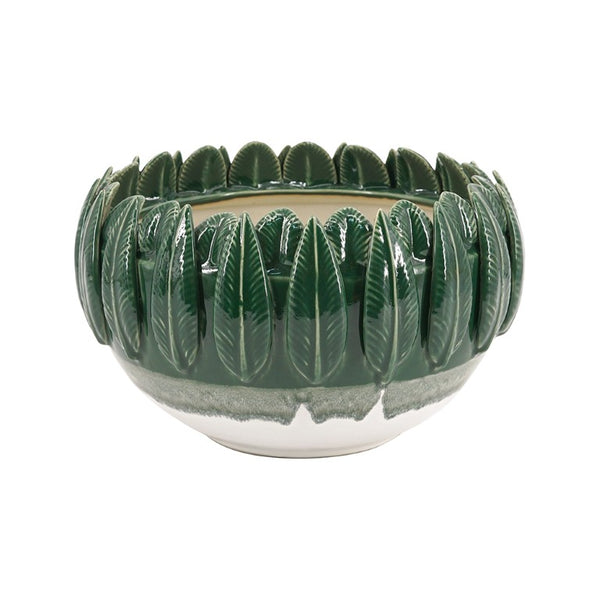 English Elm 10.8X10.8x7.1 Handcrafted Ceramic Leaf Rim Bowl Emerald Ombre Sculptural Decor W2078P569082