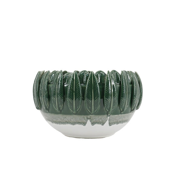 English Elm 10.8X10.8x7.1 Handcrafted Ceramic Leaf Rim Bowl Emerald Ombre Sculptural Decor W2078P569082