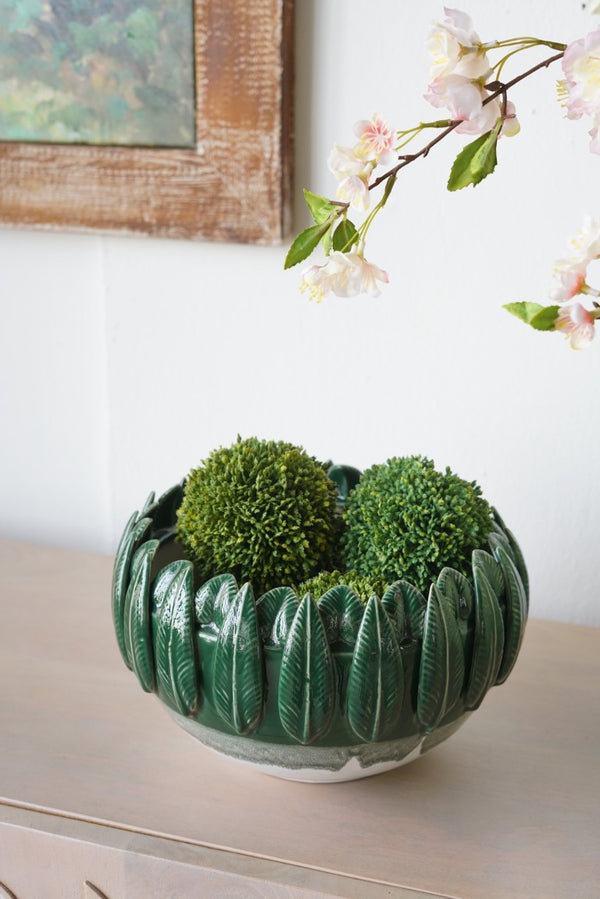 English Elm 10.8X10.8x7.1 Handcrafted Ceramic Leaf Rim Bowl Emerald Ombre Sculptural Decor W2078P569082