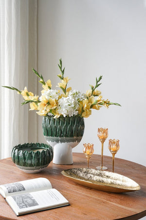 English Elm 10.8X10.8x7.1 Handcrafted Ceramic Leaf Rim Bowl Emerald Ombre Sculptural Decor W2078P569082