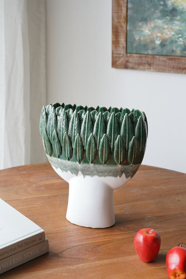 English Elm 12X5.1x13.2 Handcrafted Ceramic Vase Emerald Ombre Leaf Rim Sculptural Decor Accent W2078P569083
