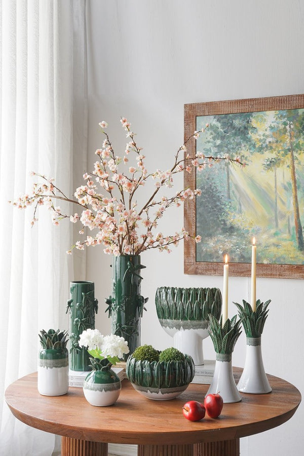 English Elm 12X5.1x13.2 Handcrafted Ceramic Vase Emerald Ombre Leaf Rim Sculptural Decor Accent W2078P569083