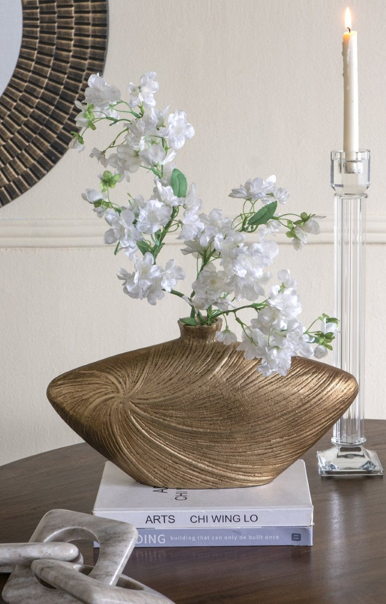 English Elm 16X4.5x8.8 Sculptural Aluminum Vase Embossed Metallic Gold Swirl Mantel Accent W2078P569089