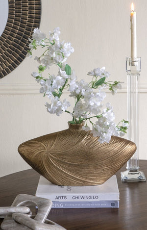 English Elm 16X4.5x8.8 Sculptural Aluminum Vase Embossed Metallic Gold Swirl Mantel Accent W2078P569089