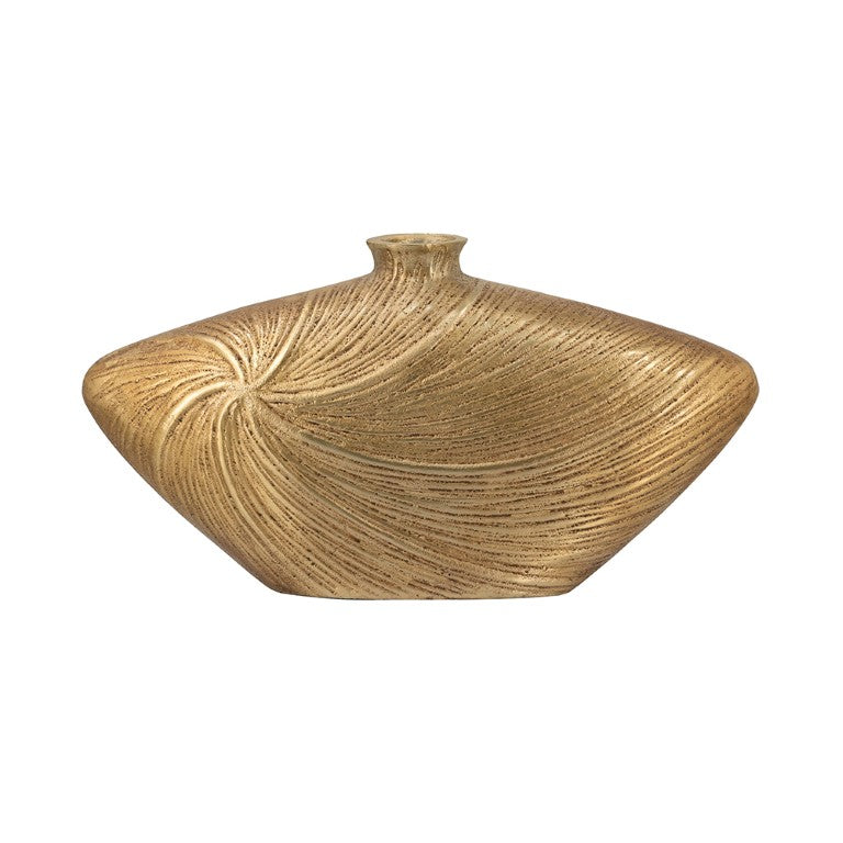 English Elm 16X4.5x8.8 Sculptural Aluminum Vase Embossed Metallic Gold Swirl Mantel Accent W2078P569089