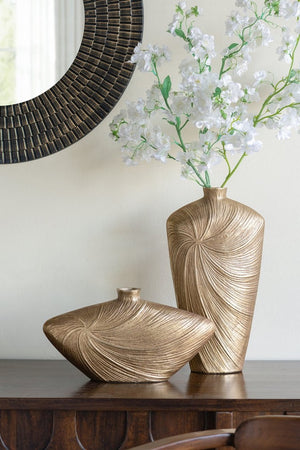 English Elm 16X4.5x8.8 Sculptural Aluminum Vase Embossed Metallic Gold Swirl Mantel Accent W2078P569089