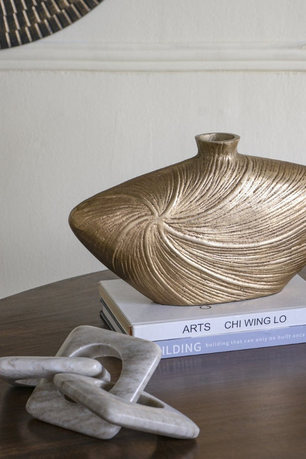English Elm 16X4.5x8.8 Sculptural Aluminum Vase Embossed Metallic Gold Swirl Mantel Accent W2078P569089