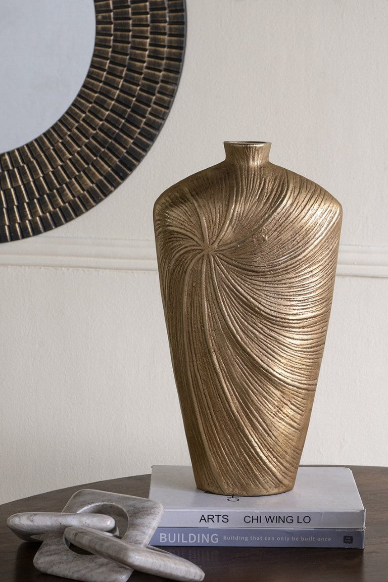 English Elm 9.5X5.2x18 Tall Tapered Aluminum Floor Vase Hand Embossed Gold Swirl Glam Accent W2078P569090