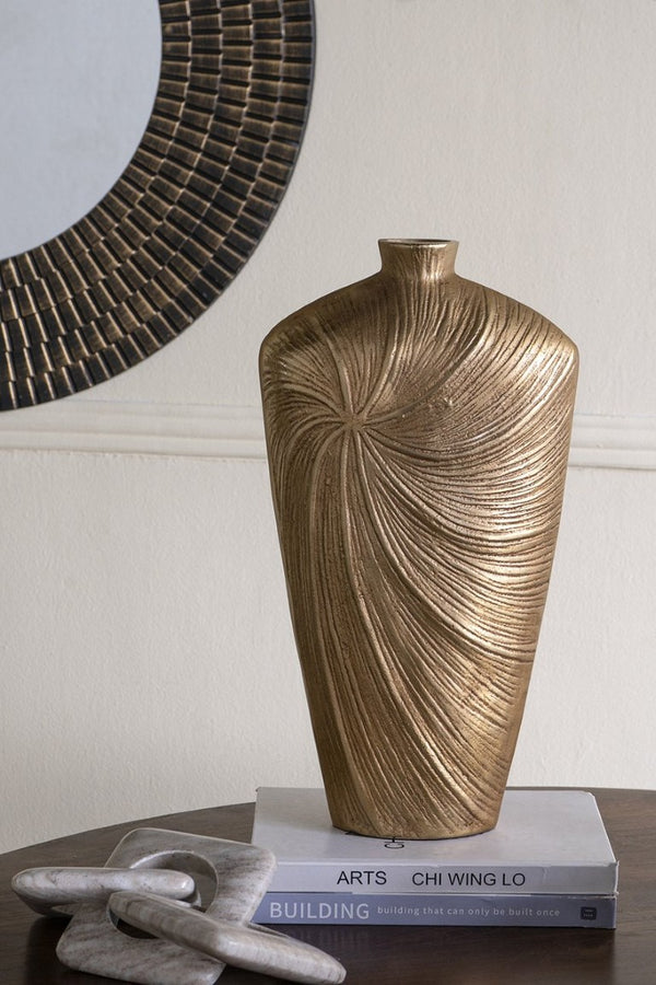 English Elm 9.5X5.2x18 Tall Tapered Aluminum Floor Vase Hand Embossed Gold Swirl Glam Accent W2078P569090