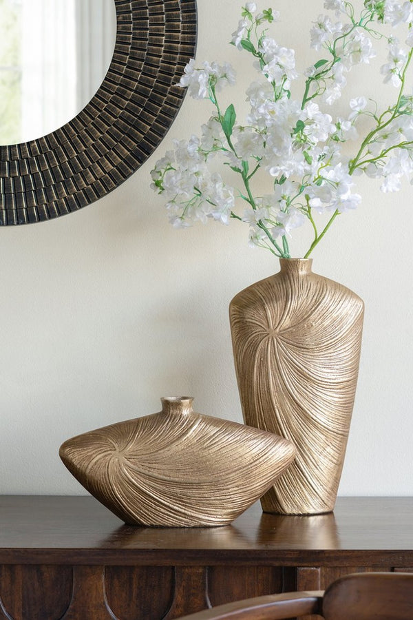 English Elm 9.5X5.2x18 Tall Tapered Aluminum Floor Vase Hand Embossed Gold Swirl Glam Accent W2078P569090