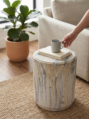 English Elm D14.5x18.5 Faux Marble Cylinder Pedestal Stool Sculptural Stone Look Accent Table W2078P585039
