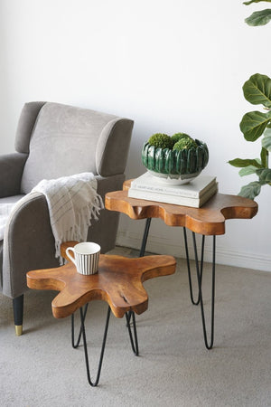 English Elm 23.5X19.5x15.5 Reclaimed Teak Live Edge Side Table with Black Hairpin Legs Rustic Modern W2078P585646