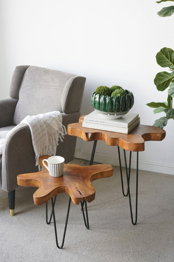 English Elm 23.5X19.5x15.5 Reclaimed Teak Live Edge Side Table with Black Hairpin Legs Rustic Modern W2078P585646