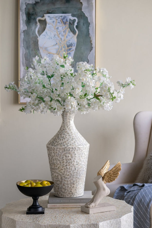 English Elm D11.8x24 Bamboo Paper Powder Floor Vase with Capiz Shell Floral Motif Coastal Boho Decor W2078P587492