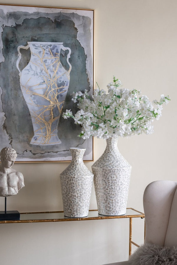 English Elm D11.8x24 Bamboo Paper Powder Floor Vase with Capiz Shell Floral Motif Coastal Boho Decor W2078P587492