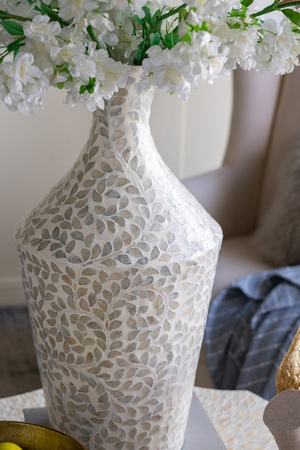 English Elm D11.8x24 Bamboo Paper Powder Floor Vase with Capiz Shell Floral Motif Coastal Boho Decor W2078P587492