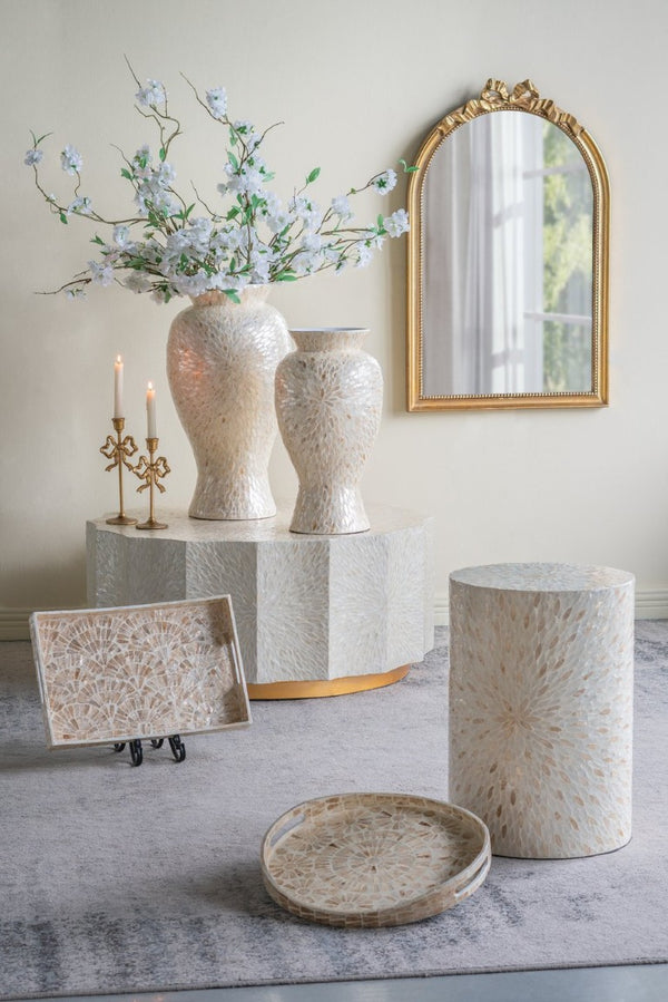 English Elm D13.4x24 Bamboo Floor Vase Iridescent Capiz Shell Coastal Sculptural Accent Piece W2078P587494
