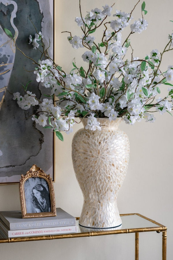 English Elm D11x19.7 Bamboo Floor Vase with Layered Capiz Shell Mosaic Coastal Sculptural Accent W2078P587495