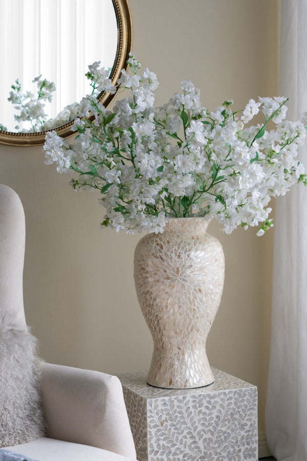 English Elm D11x19.7 Bamboo Floor Vase with Layered Capiz Shell Mosaic Coastal Sculptural Accent W2078P587495