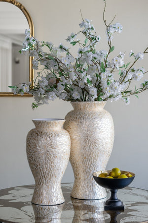 English Elm D11x19.7 Bamboo Floor Vase with Layered Capiz Shell Mosaic Coastal Sculptural Accent W2078P587495