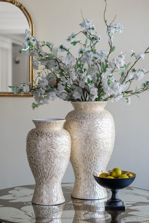 English Elm D11x19.7 Bamboo Floor Vase with Layered Capiz Shell Mosaic Coastal Sculptural Accent W2078P587495