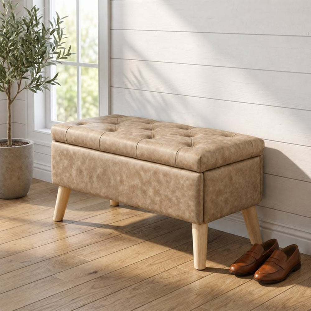 English Elm 32" Upholstered Storage Ottoman Bench with Removable Tray Lid for Bedroom or Living Room Brown W2082P503896