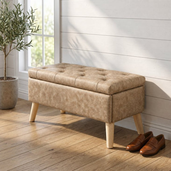 English Elm 32" Upholstered Storage Ottoman Bench with Removable Tray Lid for Bedroom or Living Room Brown W2082P503896