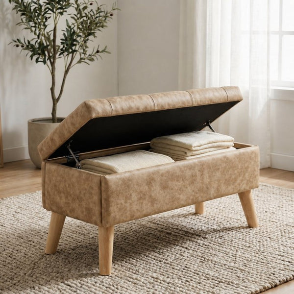 English Elm 32" Upholstered Storage Ottoman Bench with Removable Tray Lid for Bedroom or Living Room Brown W2082P503896
