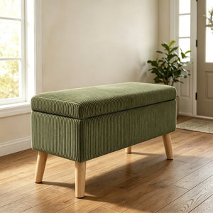 English Elm 32 Inch Ribbed Corduroy Flip Top Storage Ottoman Bench with Natural Wood Legs Green W2082P504441