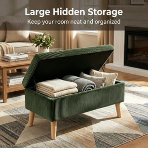 English Elm 32 Inch Ribbed Corduroy Flip Top Storage Ottoman Bench with Natural Wood Legs Green W2082P504441