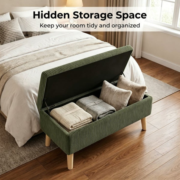 English Elm 32 Inch Ribbed Corduroy Flip Top Storage Ottoman Bench with Natural Wood Legs Green W2082P504441