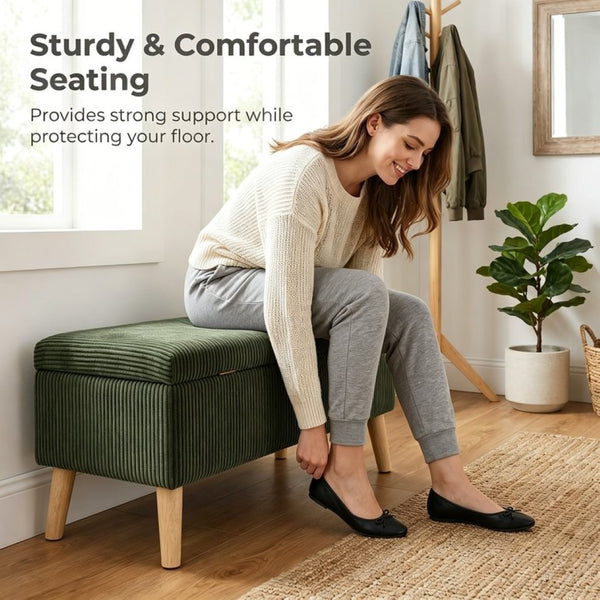 English Elm 32 Inch Ribbed Corduroy Flip Top Storage Ottoman Bench with Natural Wood Legs Green W2082P504441