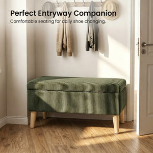 English Elm 32 Inch Ribbed Corduroy Flip Top Storage Ottoman Bench with Natural Wood Legs Green W2082P504441