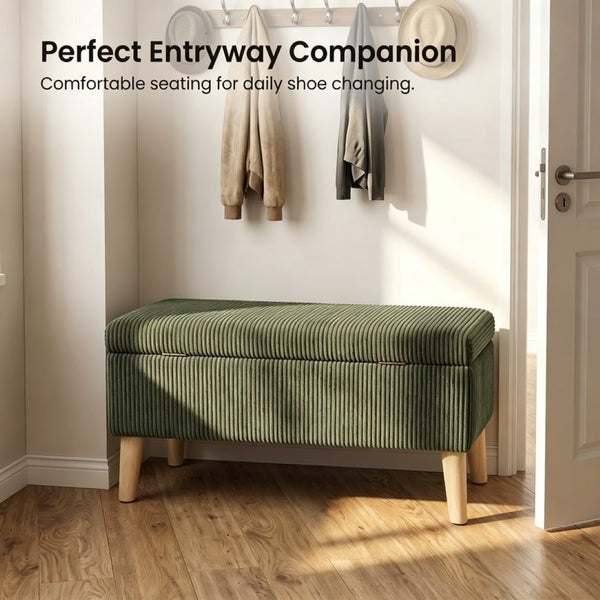 English Elm 32 Inch Ribbed Corduroy Flip Top Storage Ottoman Bench with Natural Wood Legs Green W2082P504441