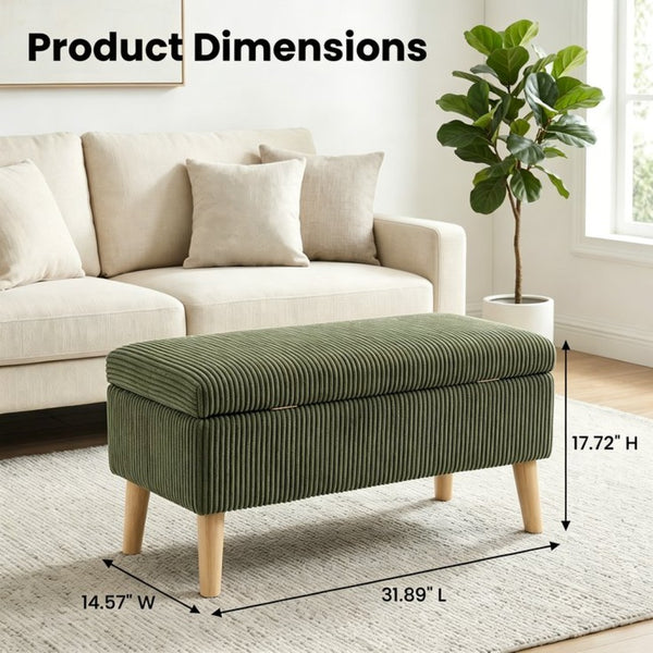 English Elm 32 Inch Ribbed Corduroy Flip Top Storage Ottoman Bench with Natural Wood Legs Green W2082P504441