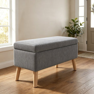 English Elm 32 Inch Ribbed Corduroy Flip Top Storage Ottoman Bench with Natural Wood Legs Grey W2082P504442