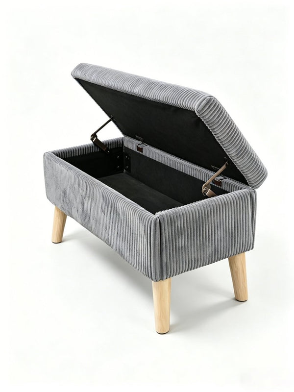 English Elm 32 Inch Ribbed Corduroy Flip Top Storage Ottoman Bench with Natural Wood Legs Grey W2082P504442