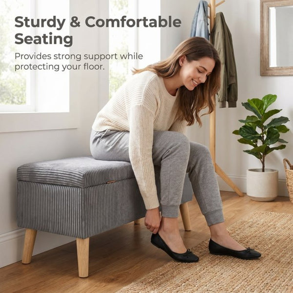 English Elm 32 Inch Ribbed Corduroy Flip Top Storage Ottoman Bench with Natural Wood Legs Grey W2082P504442