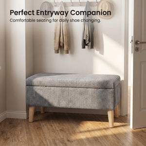 English Elm 32 Inch Ribbed Corduroy Flip Top Storage Ottoman Bench with Natural Wood Legs Grey W2082P504442