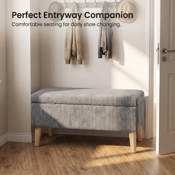 English Elm 32 Inch Ribbed Corduroy Flip Top Storage Ottoman Bench with Natural Wood Legs Grey W2082P504442