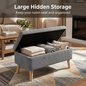 English Elm 32 Inch Ribbed Corduroy Flip Top Storage Ottoman Bench with Natural Wood Legs Grey W2082P504442