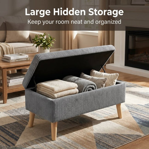 English Elm 32 Inch Ribbed Corduroy Flip Top Storage Ottoman Bench with Natural Wood Legs Grey W2082P504442