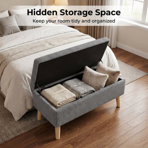 English Elm 32 Inch Ribbed Corduroy Flip Top Storage Ottoman Bench with Natural Wood Legs Grey W2082P504442