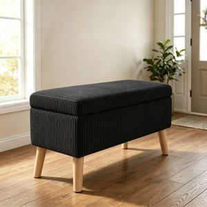 English Elm 32 Inch Ribbed Corduroy Flip Top Storage Ottoman Bench with Natural Wood Legs Black W2082P504448