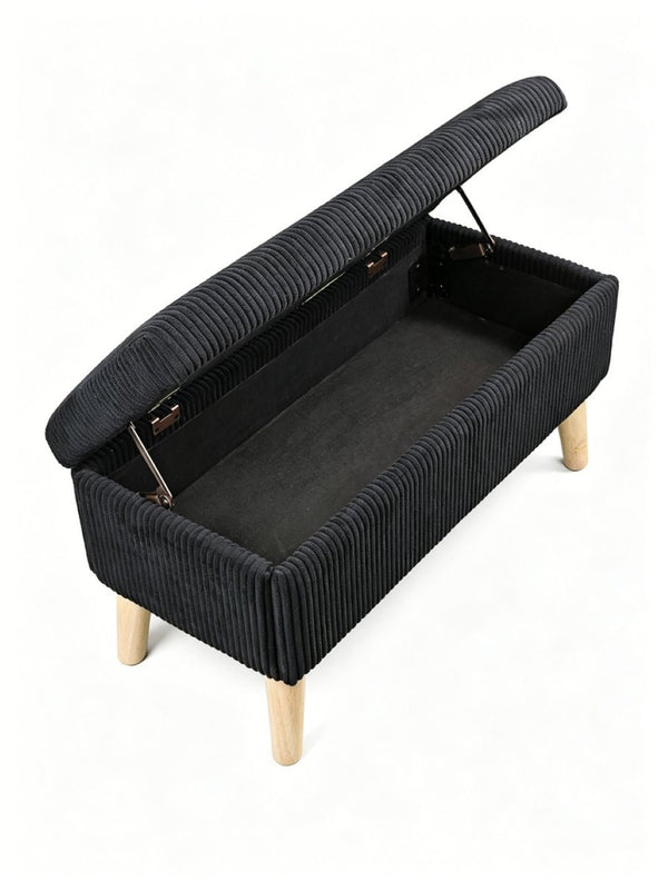 English Elm 32 Inch Ribbed Corduroy Flip Top Storage Ottoman Bench with Natural Wood Legs Black W2082P504448